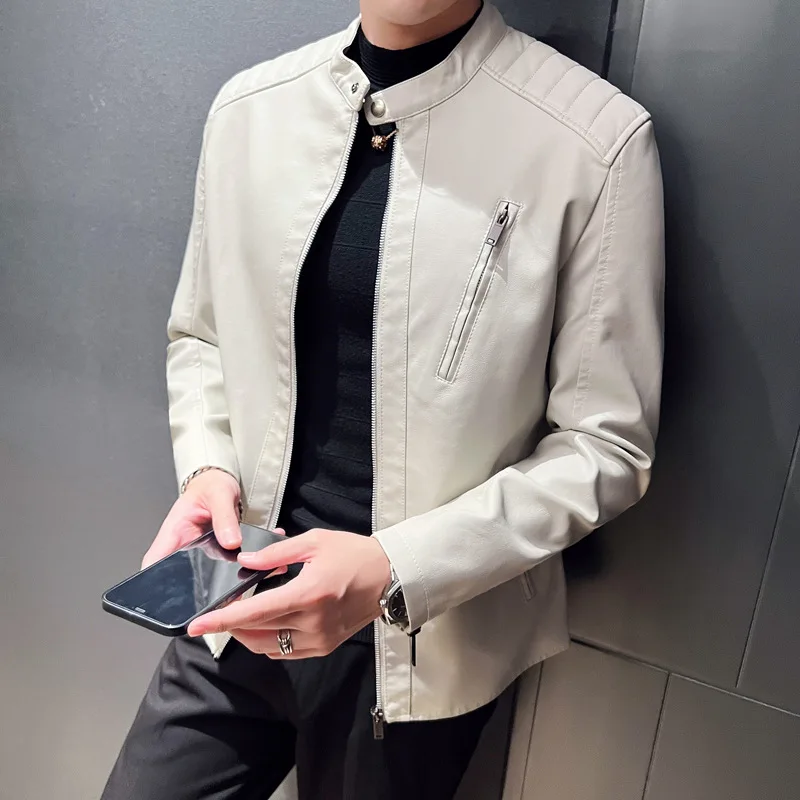

Fashionable White Stand Collar Motorcycle Leather Jacket Men's Casual Denim Large Size Performance Zipper Realistic Leather J...