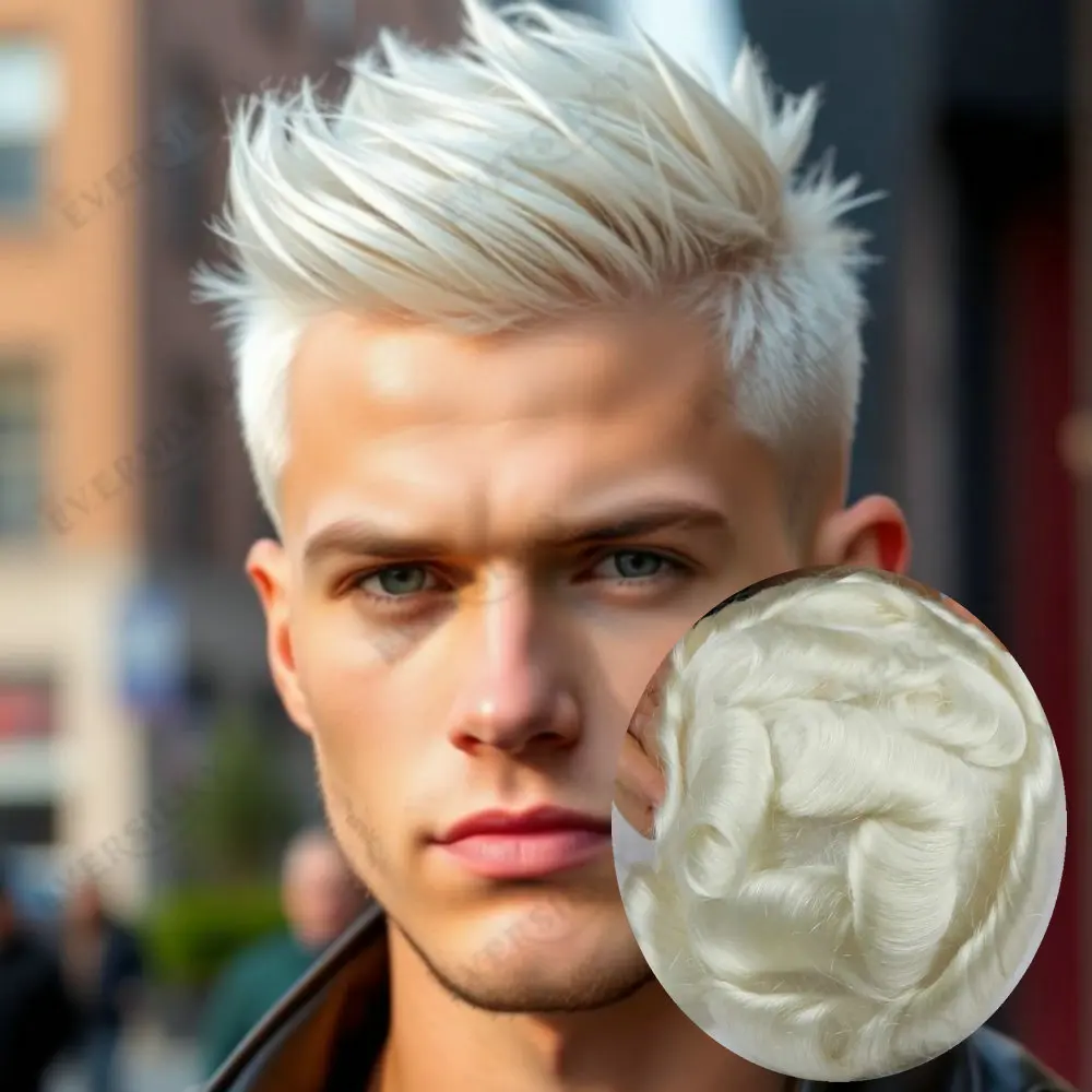 Natürlicher Haaransatz Herren Toupet 0,06-0,08mm Dünne Haut Voll-V-Schleifen-Basis Echthaar-System Grau Braun Blond Herren Haarersatz – Detail 7