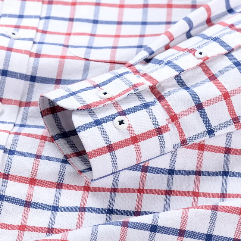 Camisa Oxford de manga comprida masculina, bolso único, slim fit, xadrez listrado, 100% algodão, casual, 4XL, 5XL