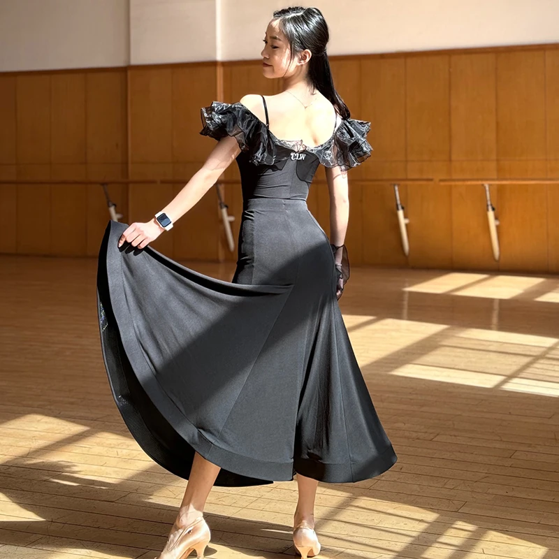 Black Ballroom Dance Dress Women Waltz Dance Performance Clothes Off Shoulder Tops Skirt Adult Dance Clothing Prom Dress BL13305