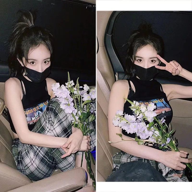 

EXJR Short Sleeveless Black American Style Spicy Girl Plaid Straight Leg Pants Women's Fashion Summer 2023 Commute Trend