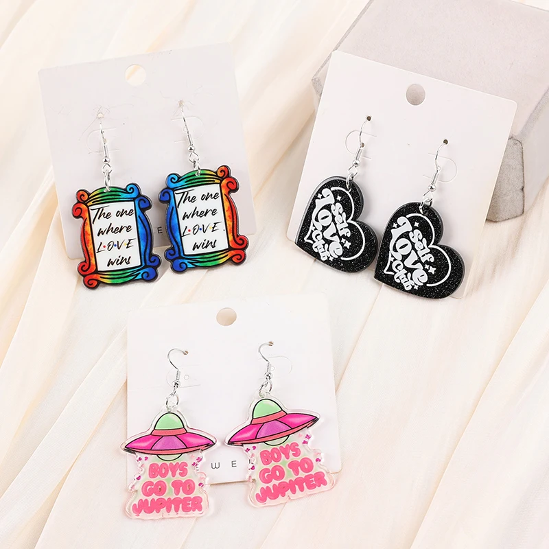 1Pair LGBT Drop Earring Creative Acrylic Win Boys Go To Jupiter Self Love Jewelry For Woman Girl Holiday Birthday Gift