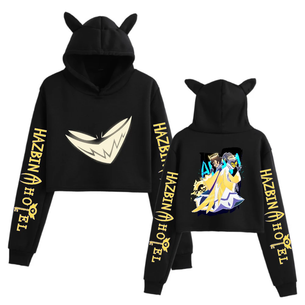 أنيمي آدم هازبين فندق آذان القط هوديي 2 الوجهين طويلة الأكمام المحاصيل قمم الفتيات الأزياء هوديي