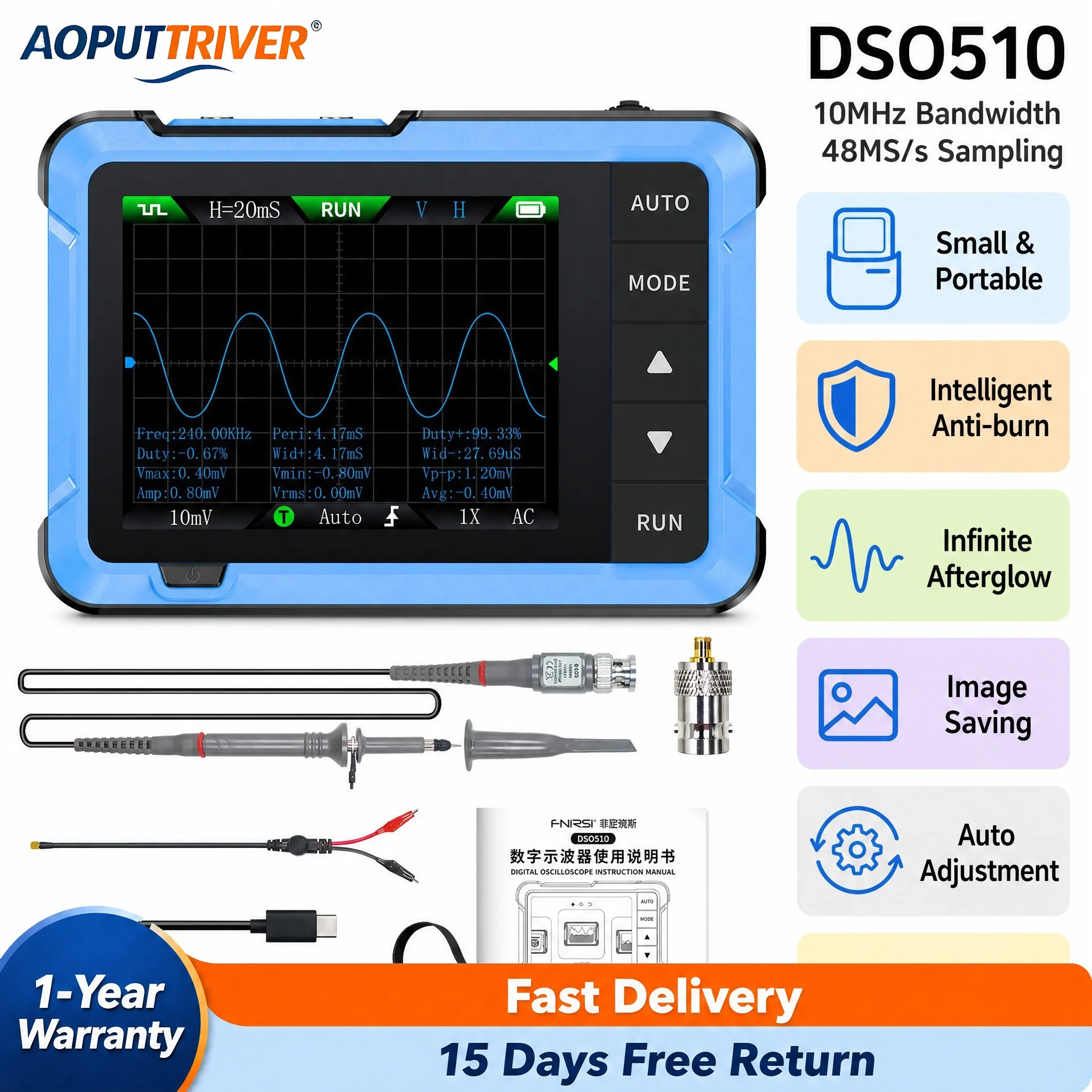 Fnirsi Digital Oscilloscope Handheld - DSO-510 Handheld Digital Oscilloscope 10MHz 48MS/s