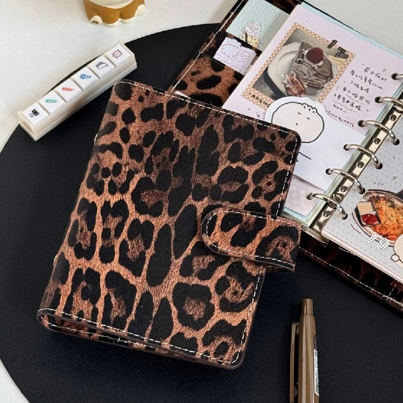 Y2K Vintage Leopard A7 Loose Leaf Binder Notebook Magnetic Snap Closure Multi-card Slots Student DIY Planner Journal