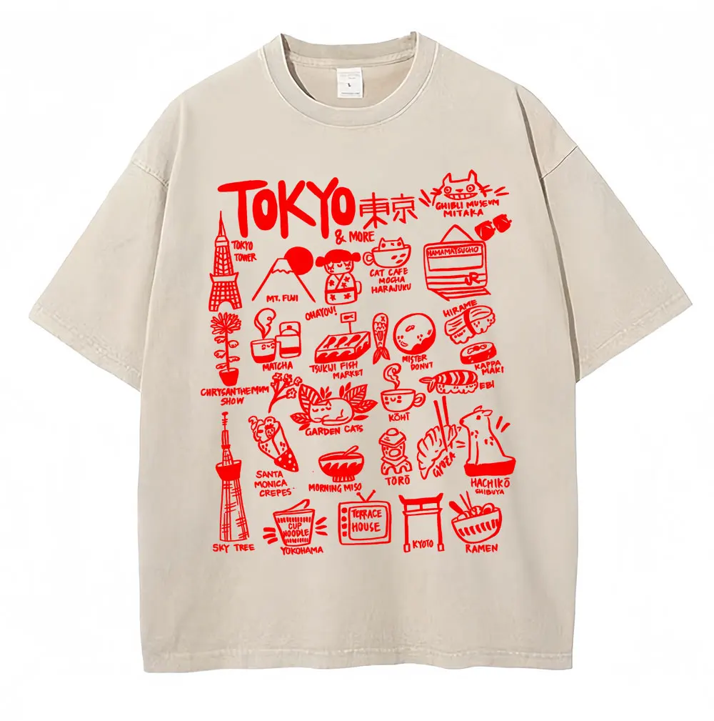 Washed Japan Style Tokyo Culture Foods Tshirt Foodie Lover Fashion Harajuku Men Women T-shirts Cotton Casual Loose Y2k T Shirts