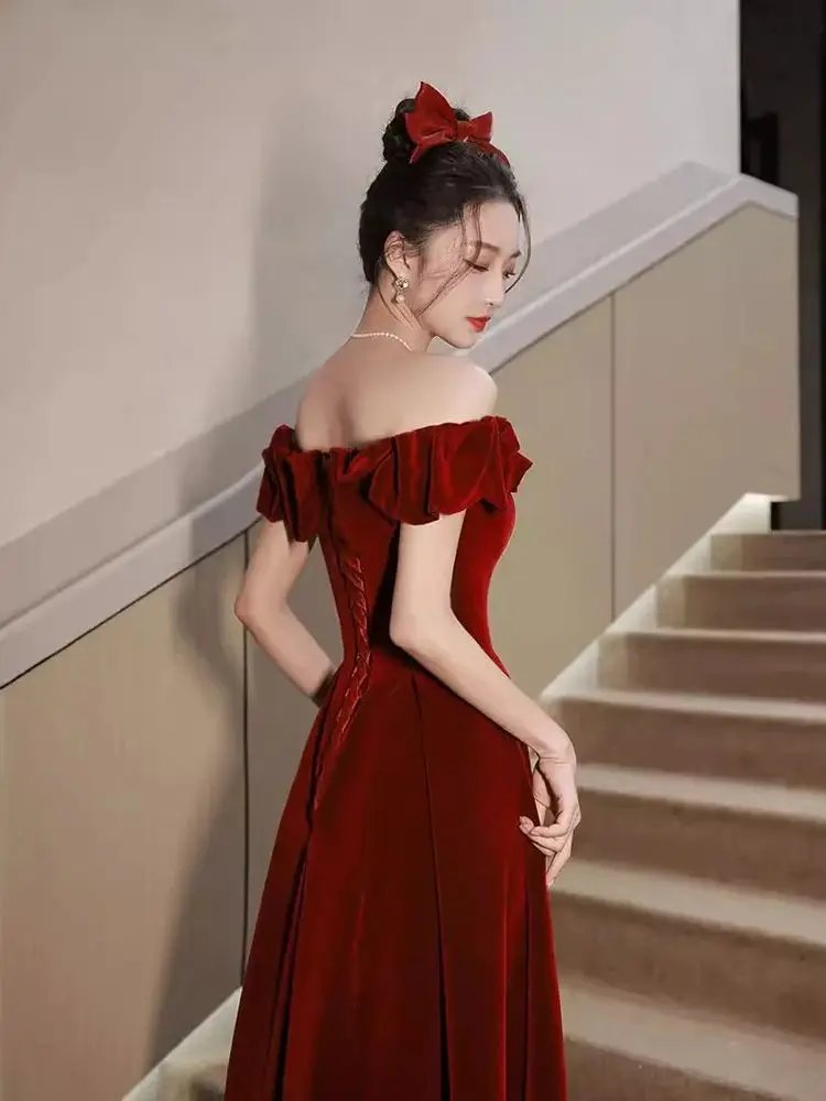 Wine red Women's Evening Dresses Elegant 2025 New Off Shoulder Prom Gown Quinceanera Dresses Graduation Female Party Vestodo