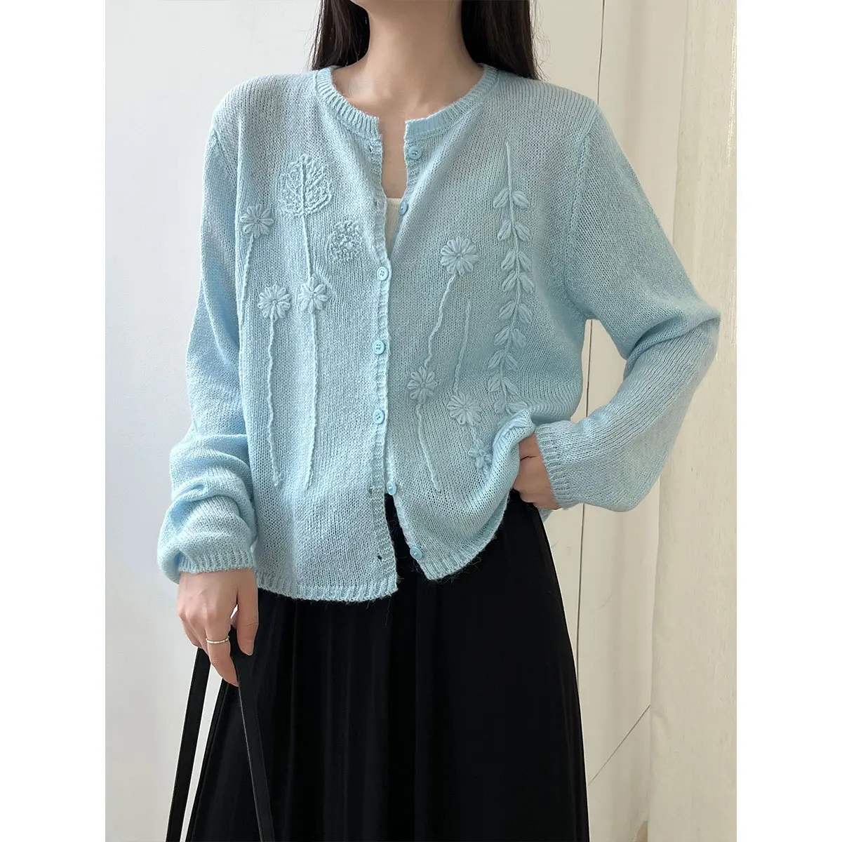 

Crochet Embroidery Wool Knit Cardigan For Women Blue Autumn Sweater
