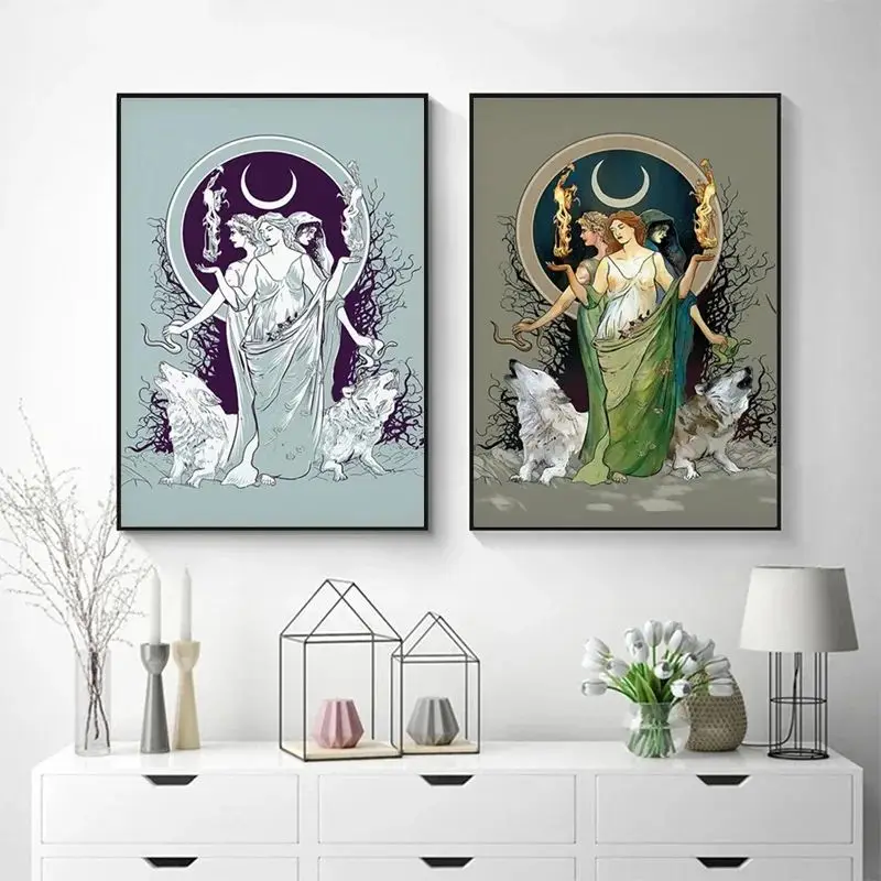 الرجعية القمر هيكات آلهة الأساطير اليونانية قماش اللوحة يطبع غامض هيكاتي ساحرة صور فنية للجدران لديكور غرفة المنزل #1