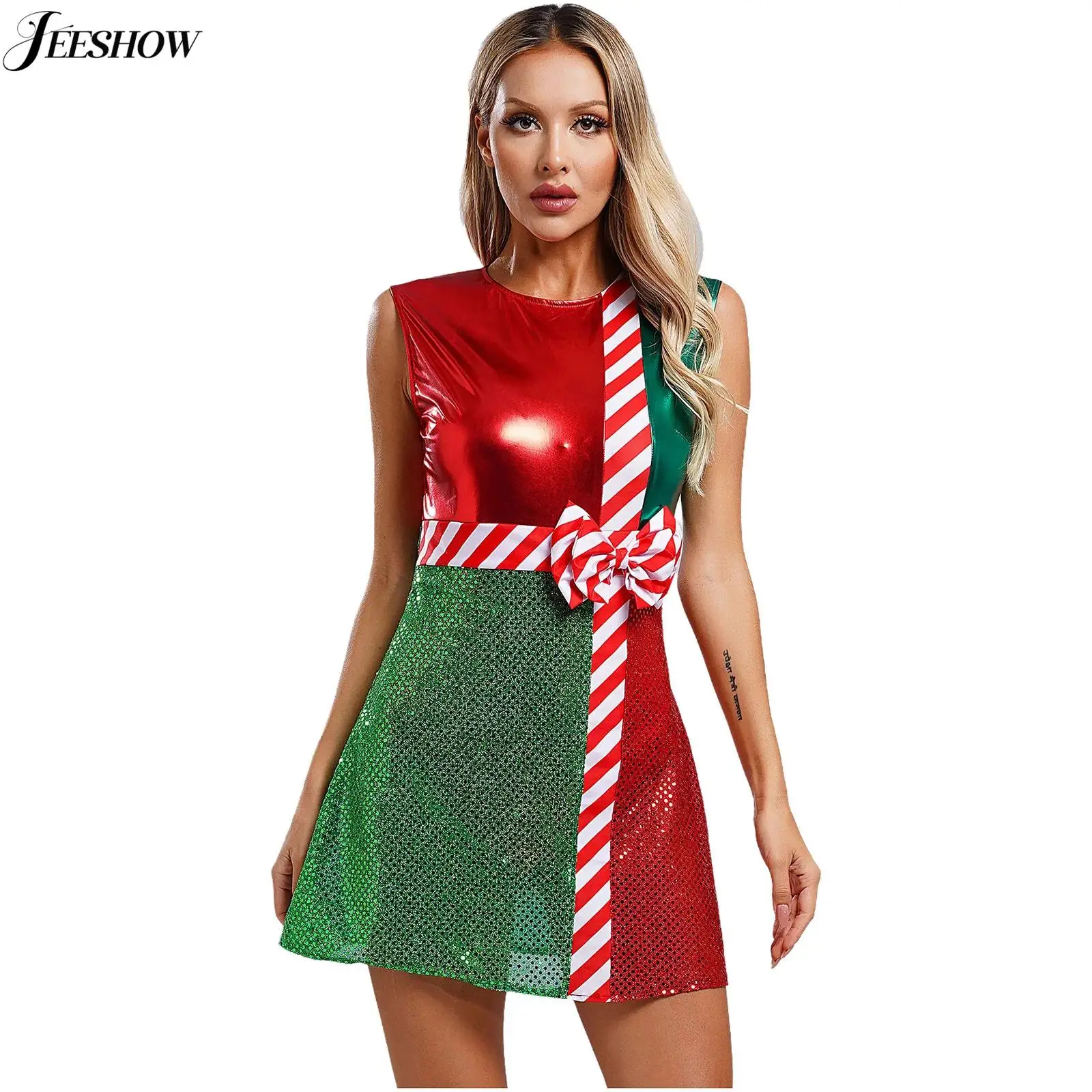 Christmas Dress for Women Color Block Shiny Sequin Bowknot Sleeveless A-line Dress with Safe Briefs Xmas Party Dacne Outfits