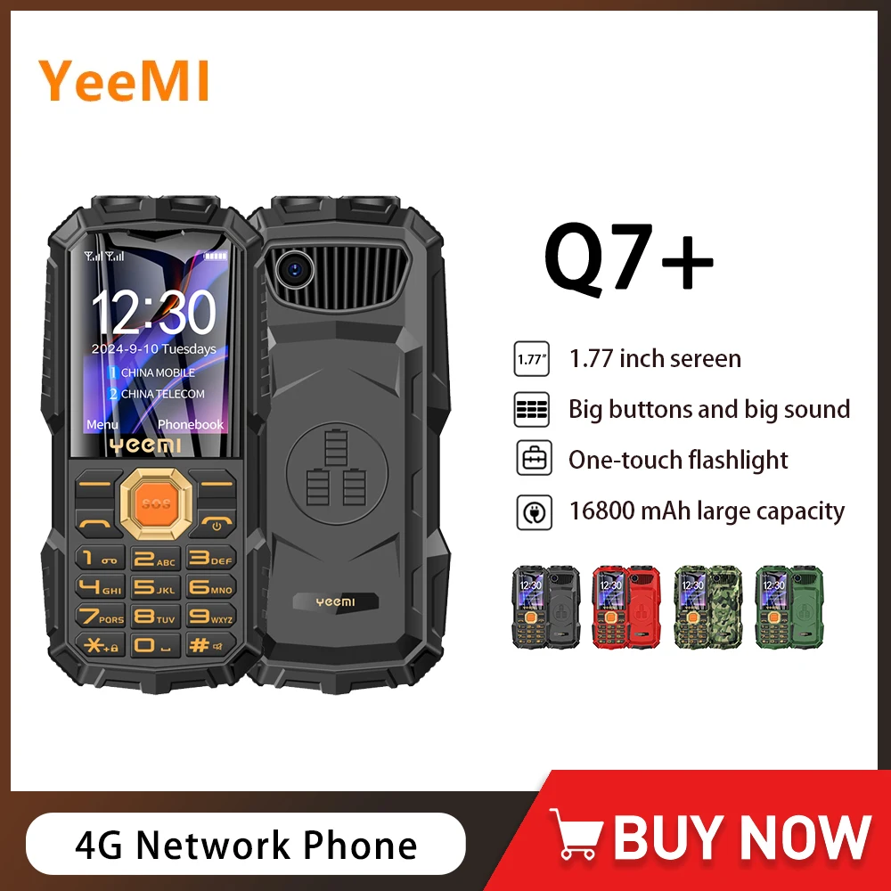 

YeeMI Q7 + Прочный водонепроницаемый телефон с функцией 4G 1,77 дюйма, большой громкоговоритель, светодиодный светильник, аккумулятор 16800 мАч, внешний аккумулятор, мобильный телефон SOS