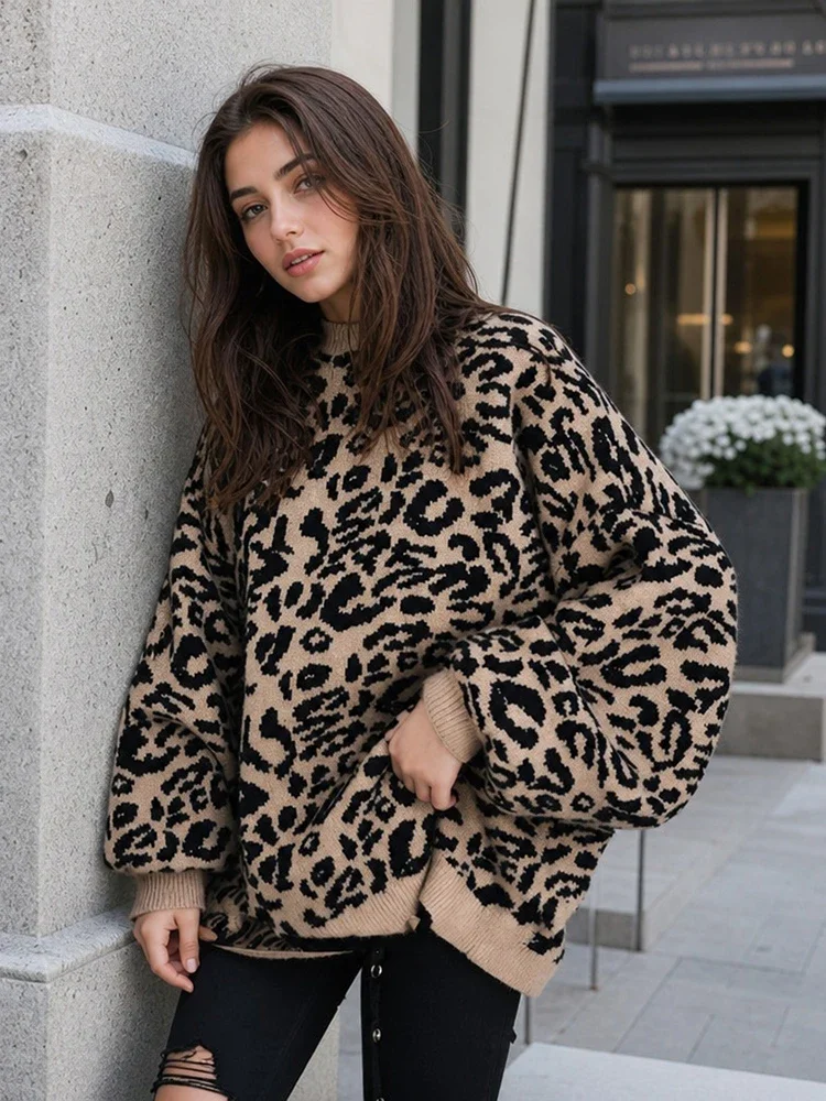 Leopardenmuster-Strickpullover, schicker Rundhals-Langarm-Pullover, lockerer Schnitt, Herbst 2026, neues lässiges Alltags- und Freizeit-Outfit für Damen – Detail 4