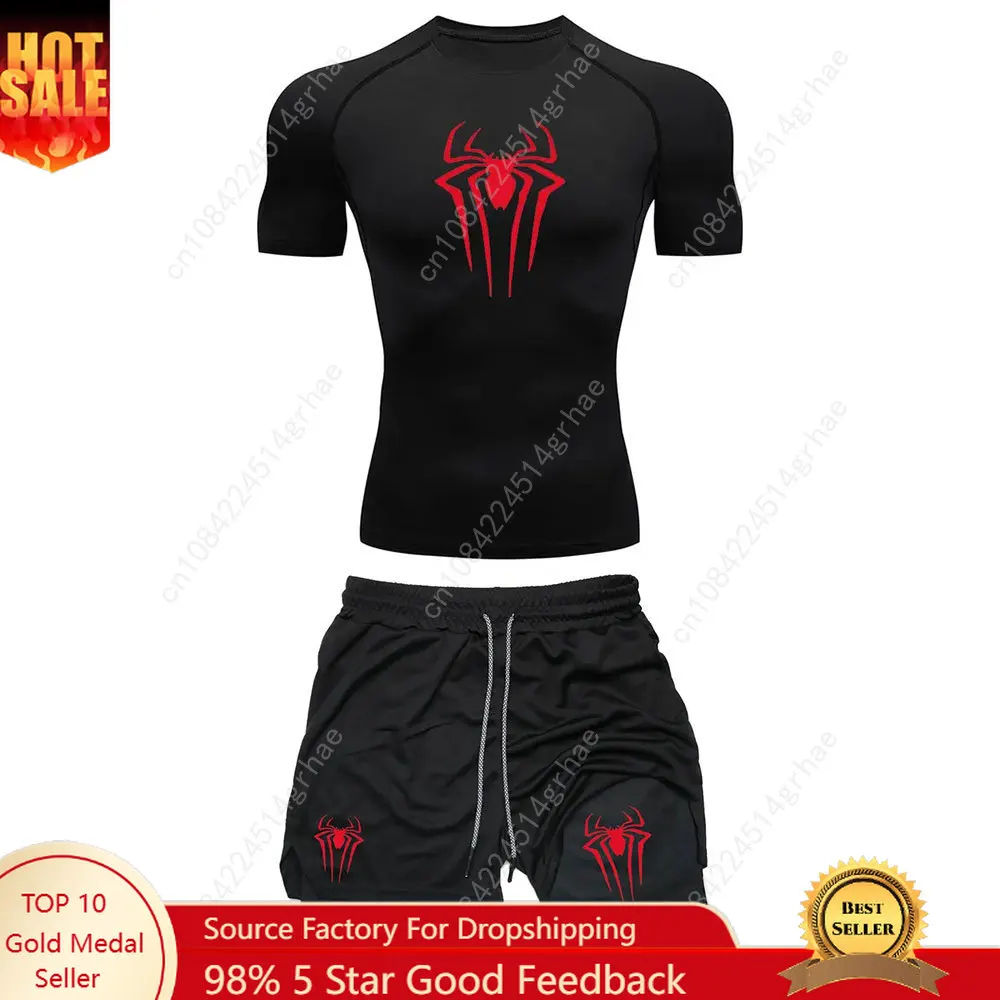 

Men's Workout Compression Set Y2K Spider Printed Gym Tshirts Breathable Running Shorts Quick Dry Sports Rash Guard Sportwear Set