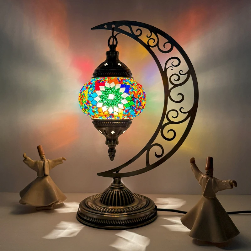 Turkish Ethnic Customs Metal Floor Lamp Vintage Art Mosaic Glass Decor Bedroom Living Room Study Hotel Romantic LED Table Lights