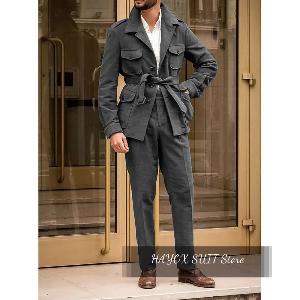 Abrigo de caza de lana verde con cinturón para hombre, chaqueta delgada Vintage para caza, pantalones, ropa informal elegante, traje de dos piezas