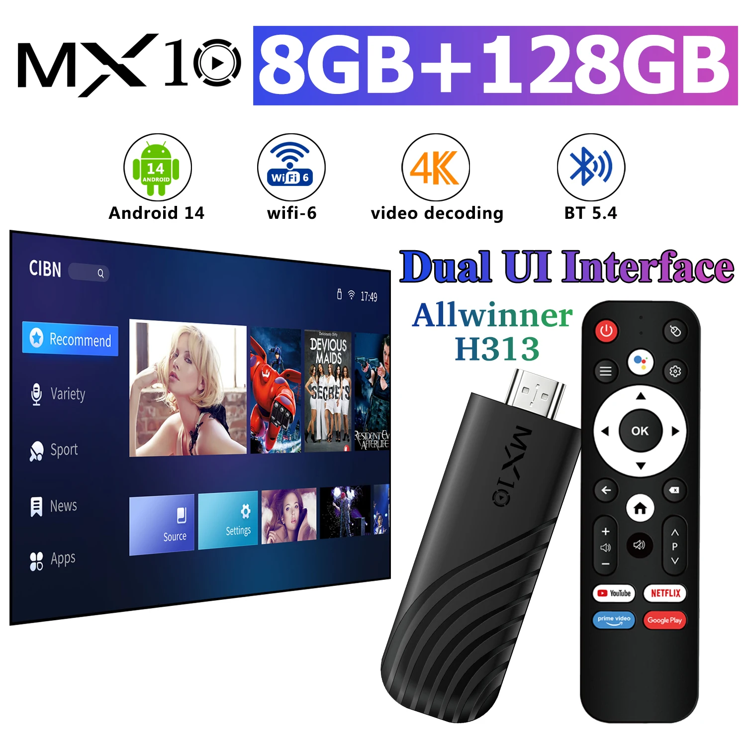 4K Streaming Media Stick MX10 Stick Android 13 Quad Core Cortex A53 8G 128G WiFi6 Voice Remote Wireless Player