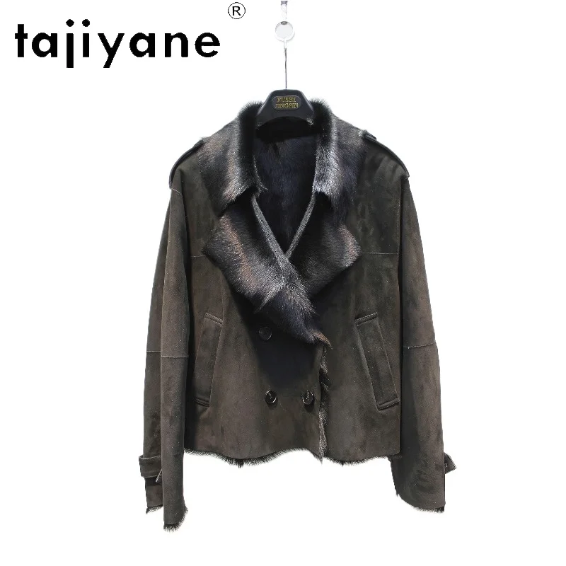 TAJIYANE Real Fur Coat Women Goatskin Shearling Suede Outerwear Short Overcoat Biker Fur Jacket Thin Winter Coats Chic Шуба 2026