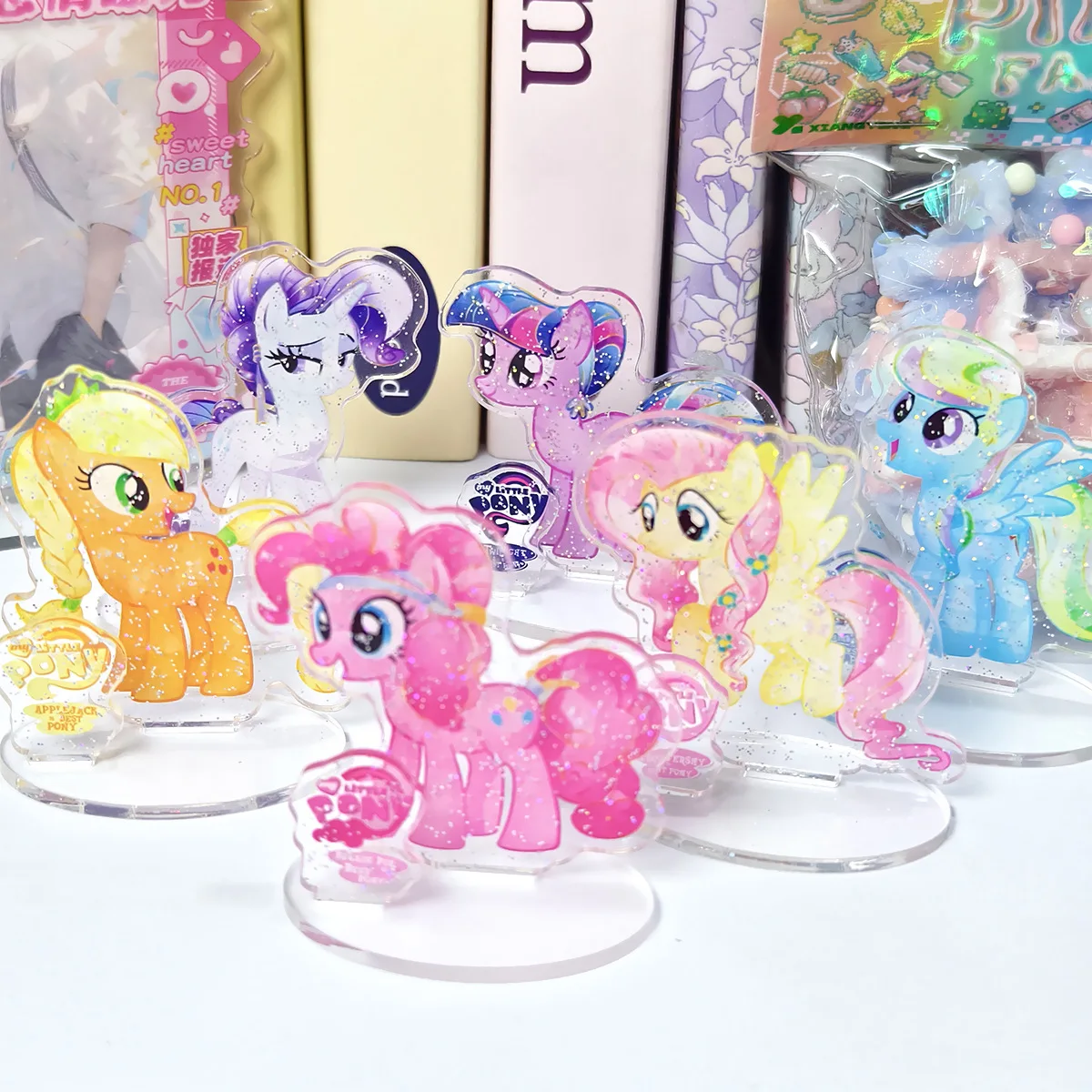 Kawaii Cute My Little Pony Transparent Acrylic Ornament Sparkling Powder Lovely Cartoon Standing Card Xmas Kids Gift Girl Gifts