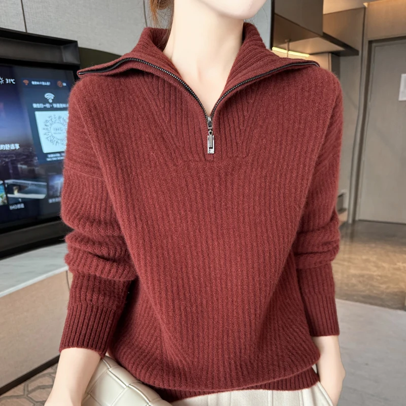 Half Zip High Neck Pullover Sweater Women's Warm Winter Solid Color Thick Jumper Fashionable Lapel100%Merino Pure Wool Knit Top