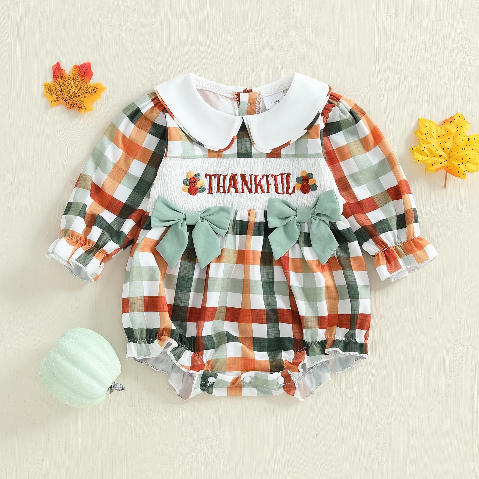 Baby Mädchen Strampler Langarm Puppenkragen Plaid Stickerei Buchstaben Türkei Body Thanksgiving Kleidung – Detail 4