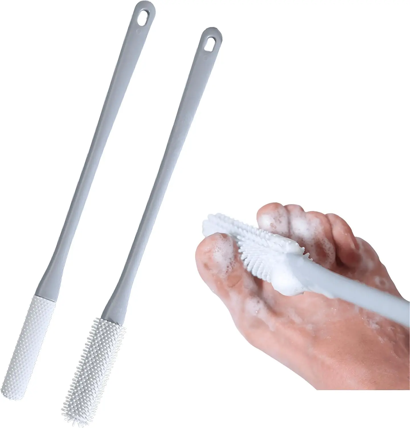 

15.7" Long Handle Toe Cleaning Brush, Foot Scrubber in Shower, No Bending, for Seniors, Expecting Mothers, Men & Women (2 Pack, Grey)