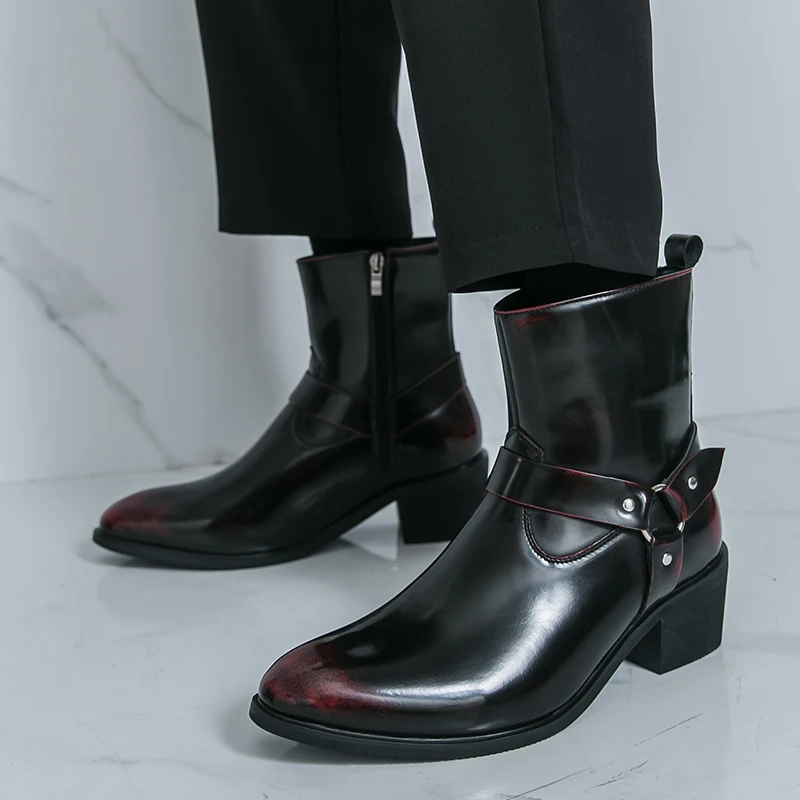Autumn Brand High Heels Chelsea Men's Boots Pointed Bright Color Fashion Business Formal Wedding High Top Shoes Big Size 38-46