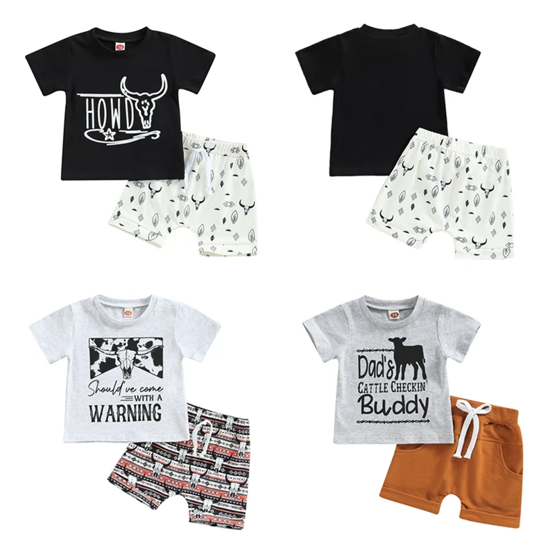 Toddler Boy Western Clothes 2023 Summer Short Sleeve Round Neck Letters Print Tops Drawstring Short Pants Outfits Tracksuit