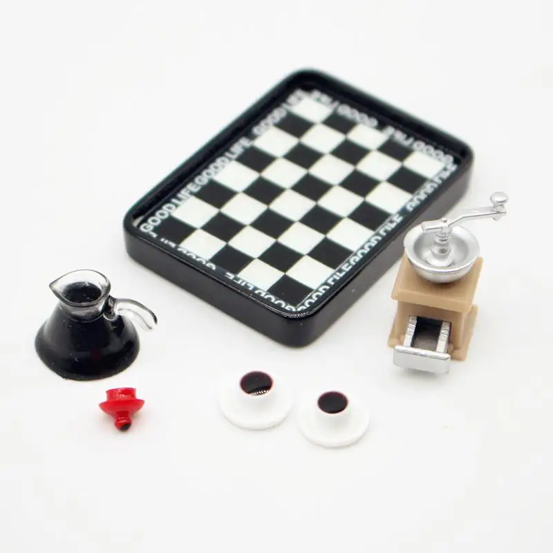 

Miniature Coffee Maker Grinder Set with Black White Checkered Dinner Plates Dollhouse Accessories Pretend Play Toy for Kids