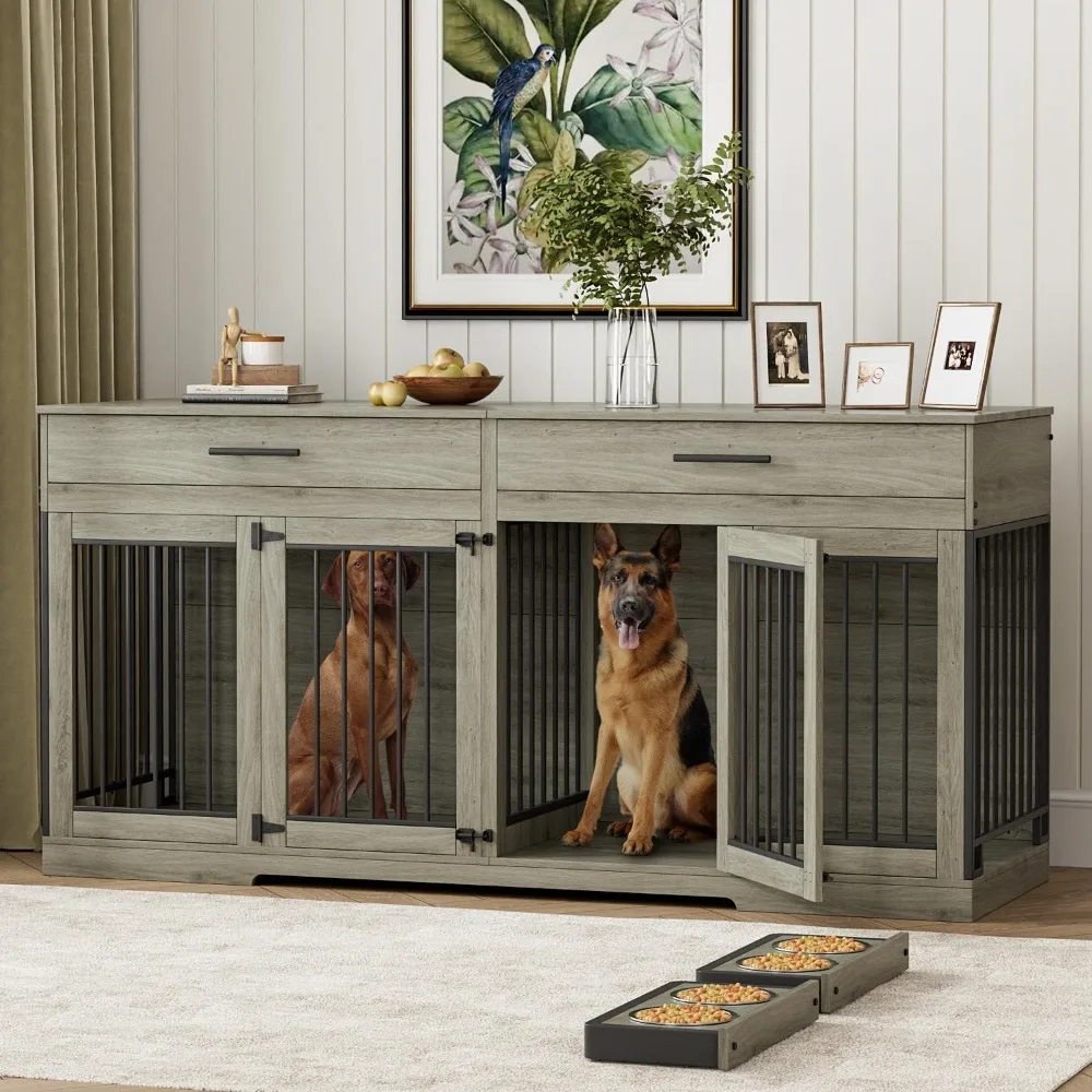 

72" Dog Crate Furniture for 2 Dogs, Large Dog Kennel Furniture with 2 Storage Drawer and Removable Divider,