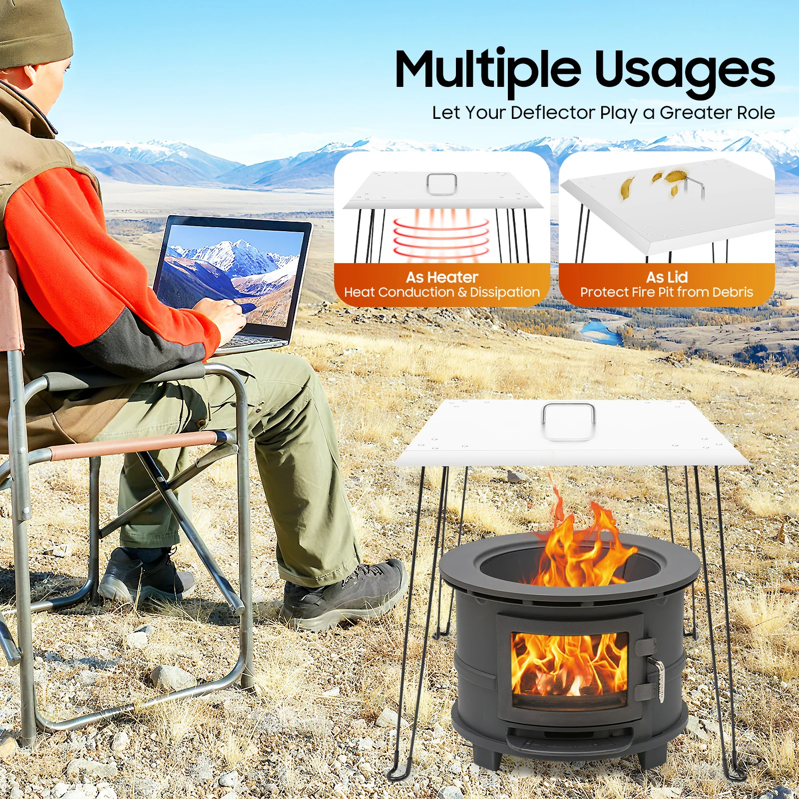 Fire Pit Heat Deflector, 24''X24''X24'' Outdoor Stainless Steel Square Fire Pit Cover with Foldable Legs and Carrying Handle