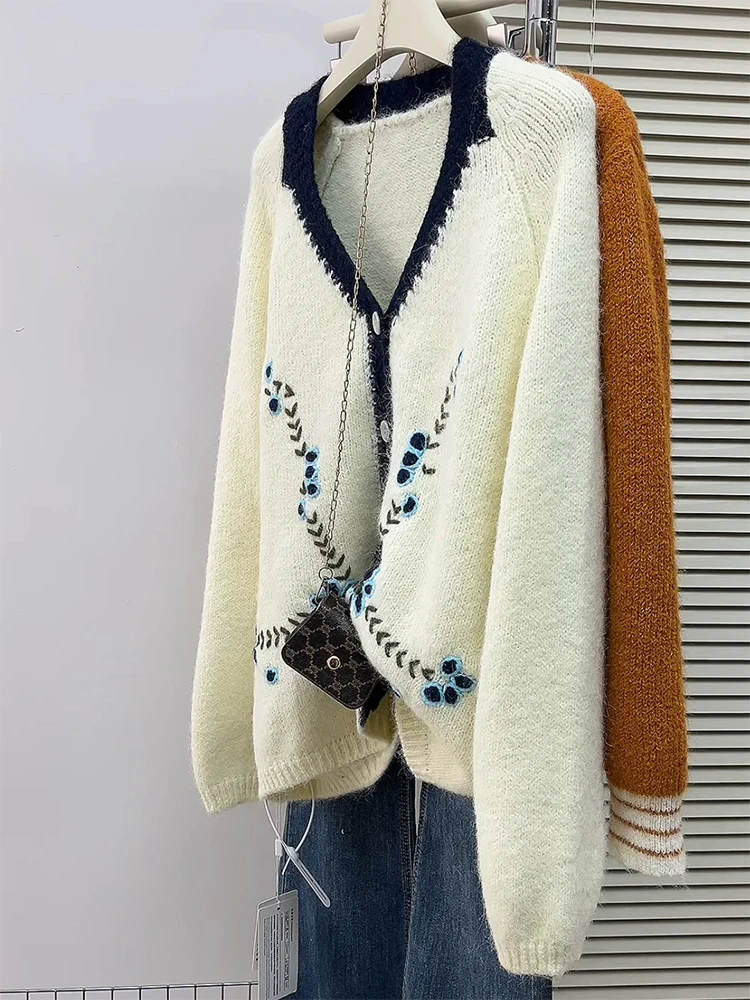 

Модный вязаный кардиган с вышивкой, V-образный вырез, свободный крой, большие размеры, осень-зима, новинка, повседневный топ для женщин, цветной, стильный