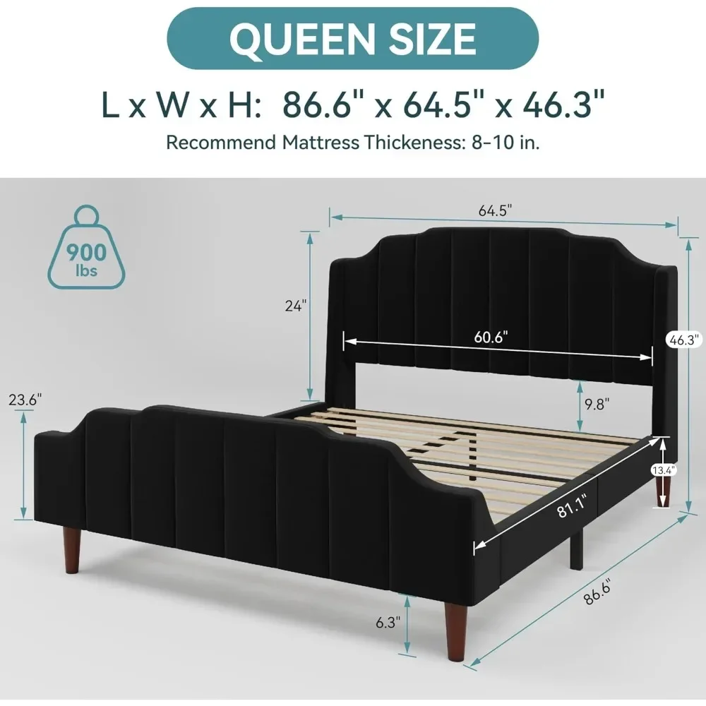 Queen Size Upholstered Velvet Bed Frame with Curved Vertical Wingback Headboard and Footboard,No Box Spring Needed,Easy Assembly