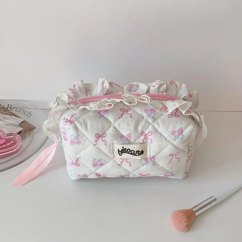 Tas Rias Katun Quilting Bunga Pita Lucu Tas Tangan Kain Wanita Organizer Kosmetik Ritsleting Wanita Kotak Perlengkapan Mandi Portabel untuk Anak Perempuan