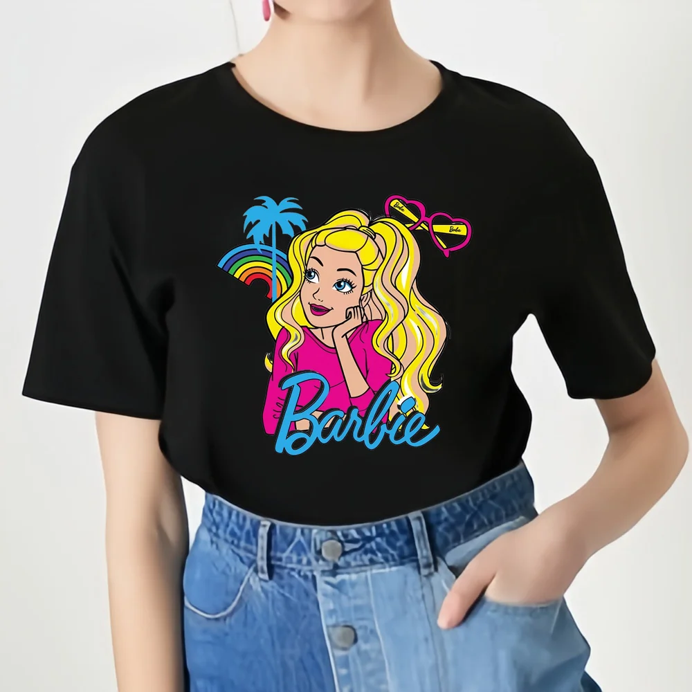 MINISO Summer Women Barbie Print T-Shirt Luxury Tops Tees Female Casual Stylish Short Sleeve Clothing Fashion Trend Streetwear