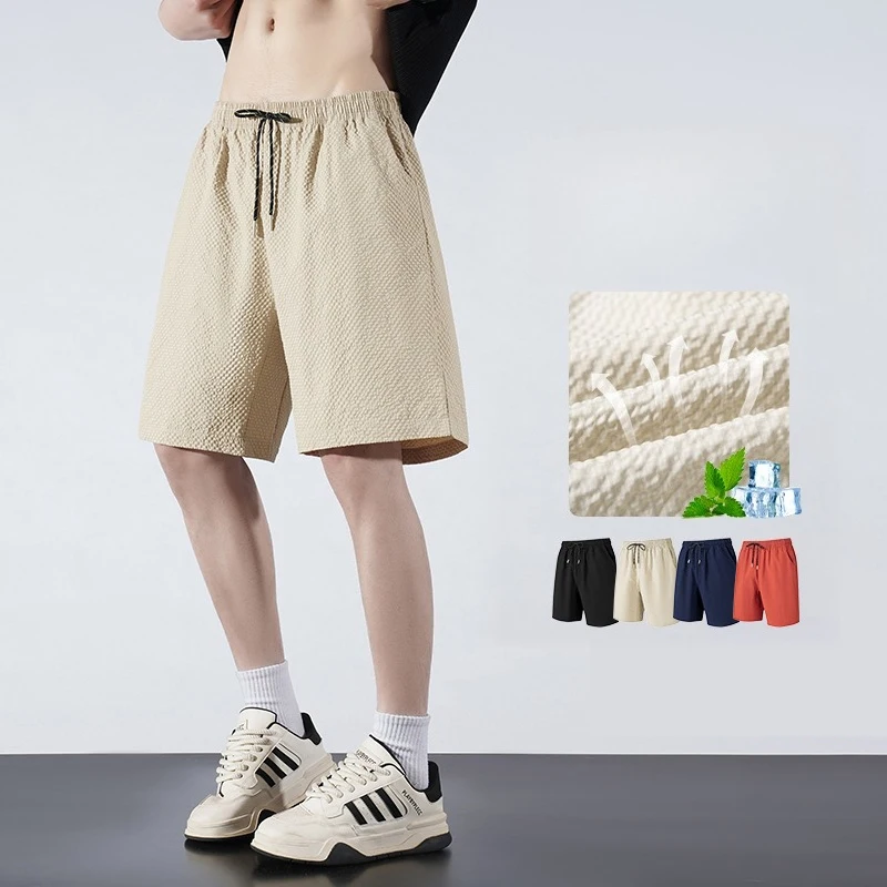 

2026 Men's Seersucker Shorts Quick-Dry Cooling Summer Shorts Loose Fit Casual Beach Shorts with Drawstring for Outdoor Travel
