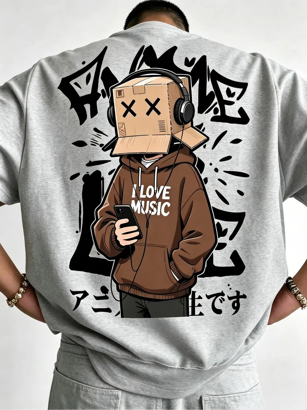 American men's summer cardboard box cartoon character letter print micro elastic breathable round neck T-shirt outdoor street to