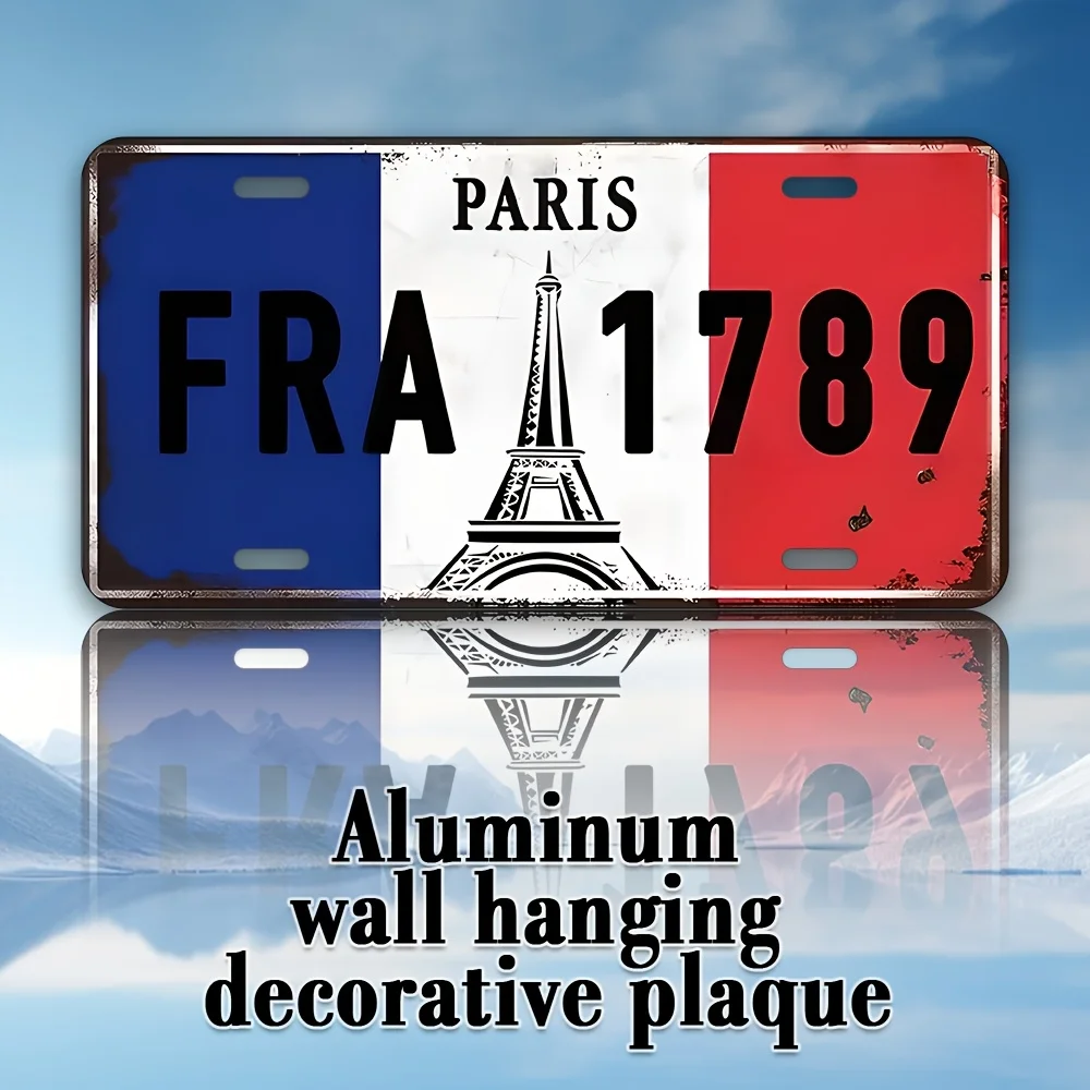 Plaque d'immatriculation murale en aluminium Paris, Design tour française avec couleurs bleu, blanc et rouge, finition métallique Antique, Pla suspendu