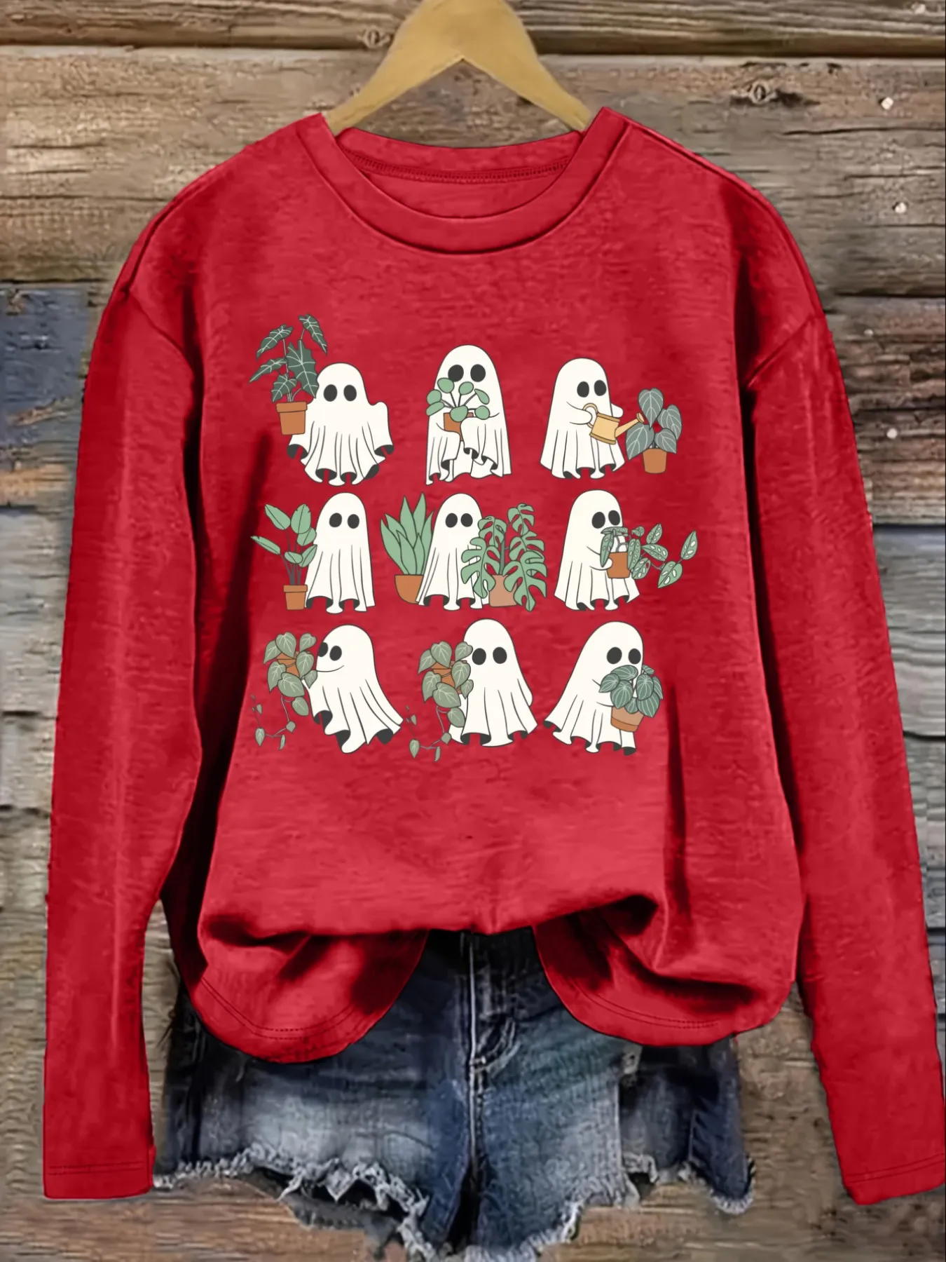 Women's Casual Long Sleeve Crew Neck T-Shirt Cute Ghosts Holding Potted Plants Design, Round Neck Women's Clothing, Machine Washable, Slightly Elastic, Loose Fit, Spring Autumn Winter Women's T-Shirt, Halloween Costume Outfit view 4