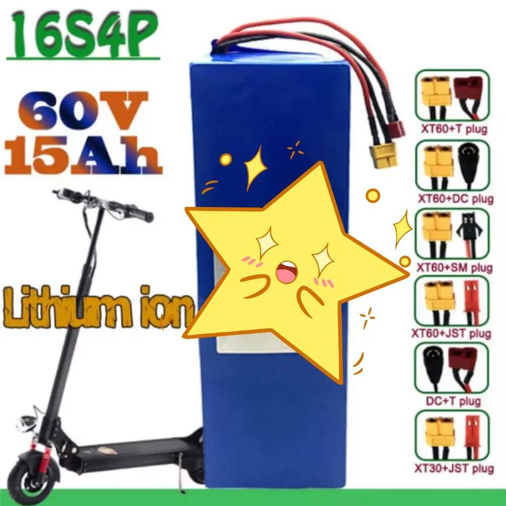 60V 15000mAh 18650 Lithium Battery with BMS for Motorcycle Scooter Bicycle 2000W Motor 16S4P Battery Pack for Electric Vehicles