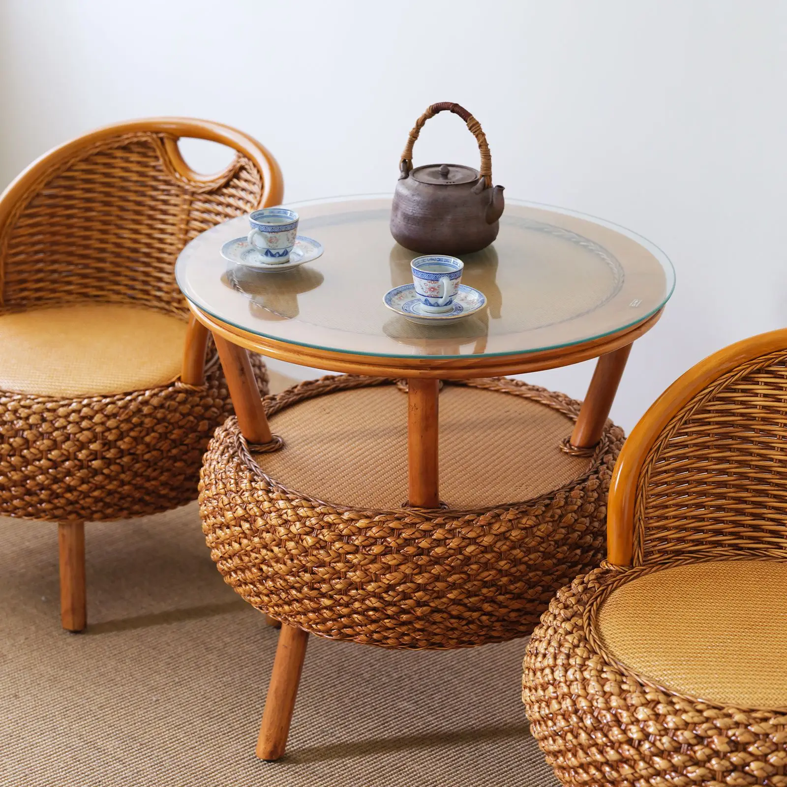 

Balcony Small Low Rattan Chair Three Piece Set, Simple Rattan Woven Backrest Chair, Tea Table, Round Rattan Woven Leisure
