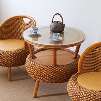 Balcony Small Low Rattan Chair Three Piece Set, Simple Rattan Woven Backrest Chair, Tea Table, Round Rattan Woven Leisure