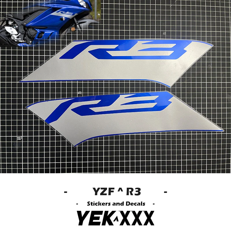 

Motorcycle Shell Stickers and Decals Blue and Silver Matching Design For YAMAHA YZF-R3 YZFR3 R3 OEM Customized Replica