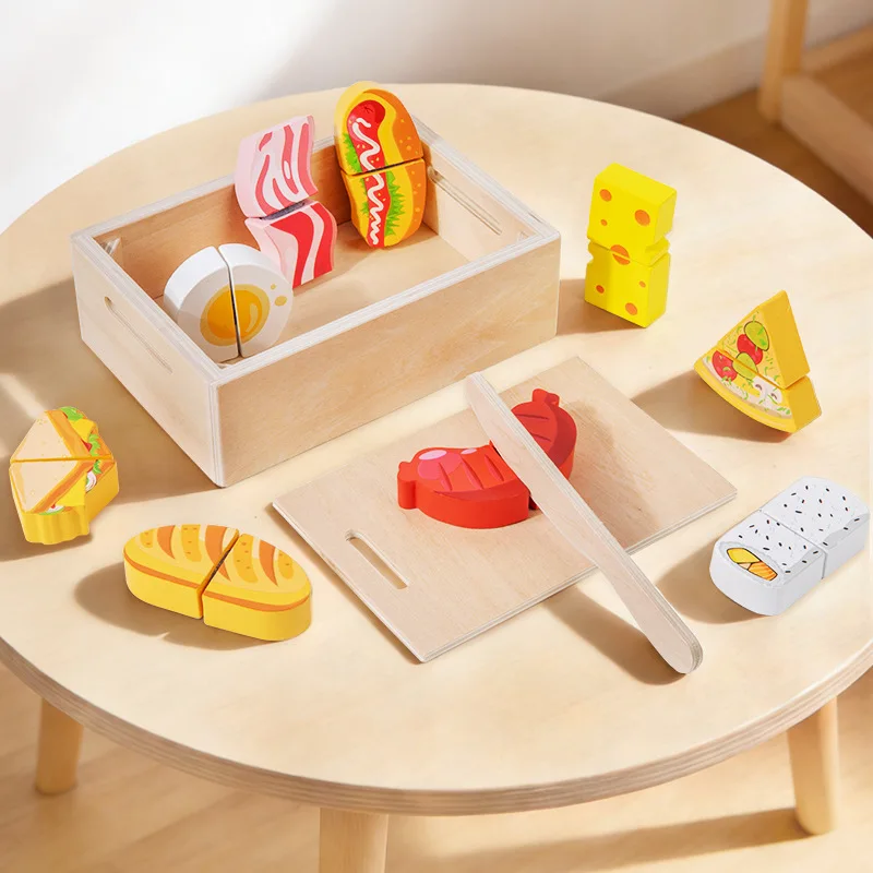 Wooden Cut and Stamp Food Simulation Food Set for Childrens Pretend Play with Velcro Kitchen Kit Baby Cognitive Educational Toys