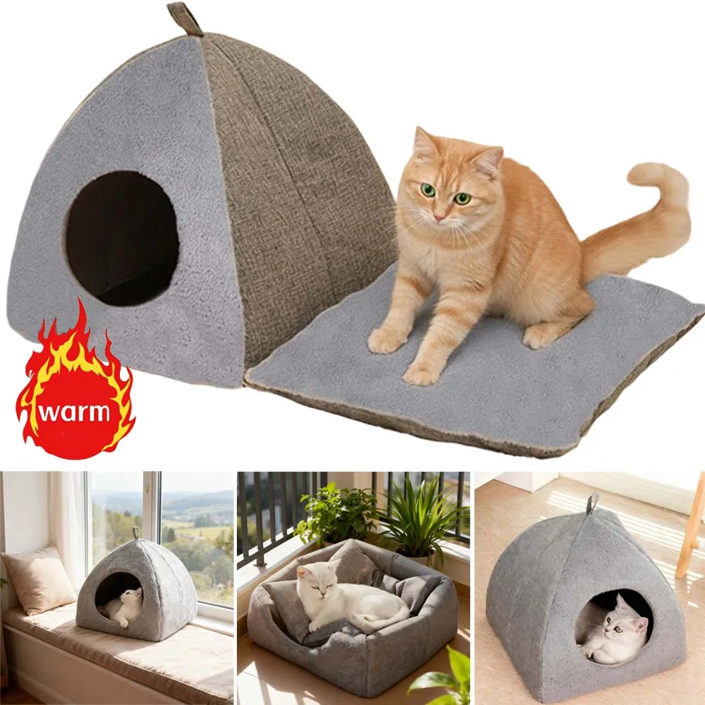 

Foldable Dual-Use Pet Nest Plush Linen Enclosed Cat House Winter Warm Anti-Slip Small Bed for Kitten Rabbits Hamster Cama Gato