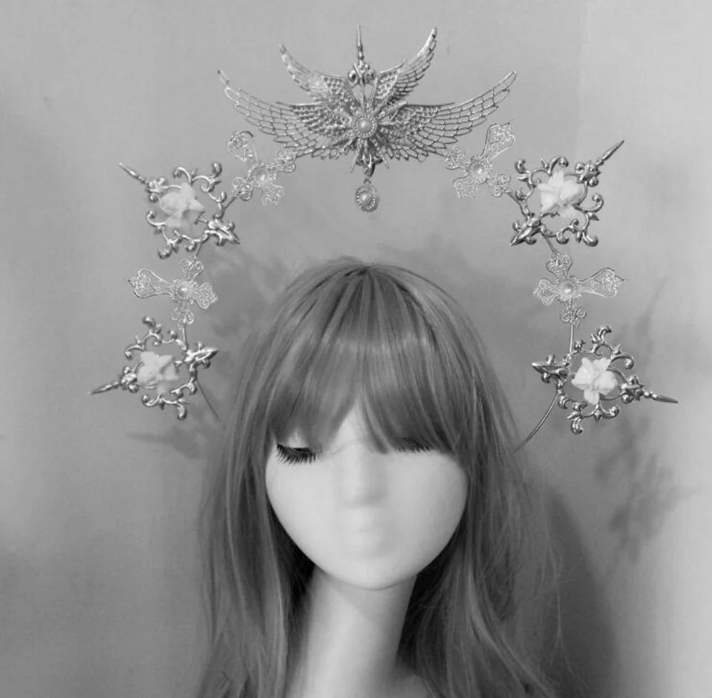 Angel Cross Halo Headband Women Cosplay Vintage Mary Baroque Fairy Goddess Tiara Headwear Lolita Virgin Headpiece