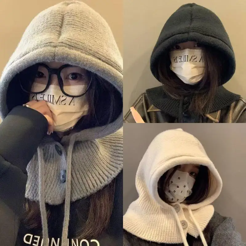 

Интегрированные шапки-балаклавы с шарфом для женщин и мужчин, зимние теплые вязаные уличные шапки с капюшоном, шапочки с воротником на шнурке