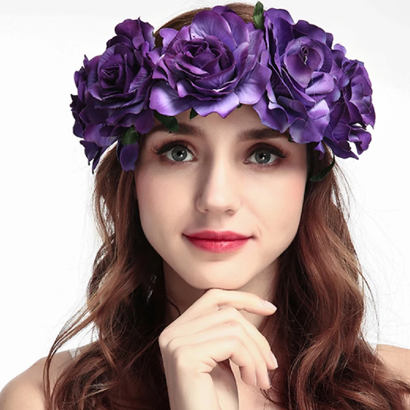 Diademas de Festival de corona de vacaciones de rosa, tocado de flores Hippie, flor de Rosa, diadema de Halo nupcial, accesorios de fotografía