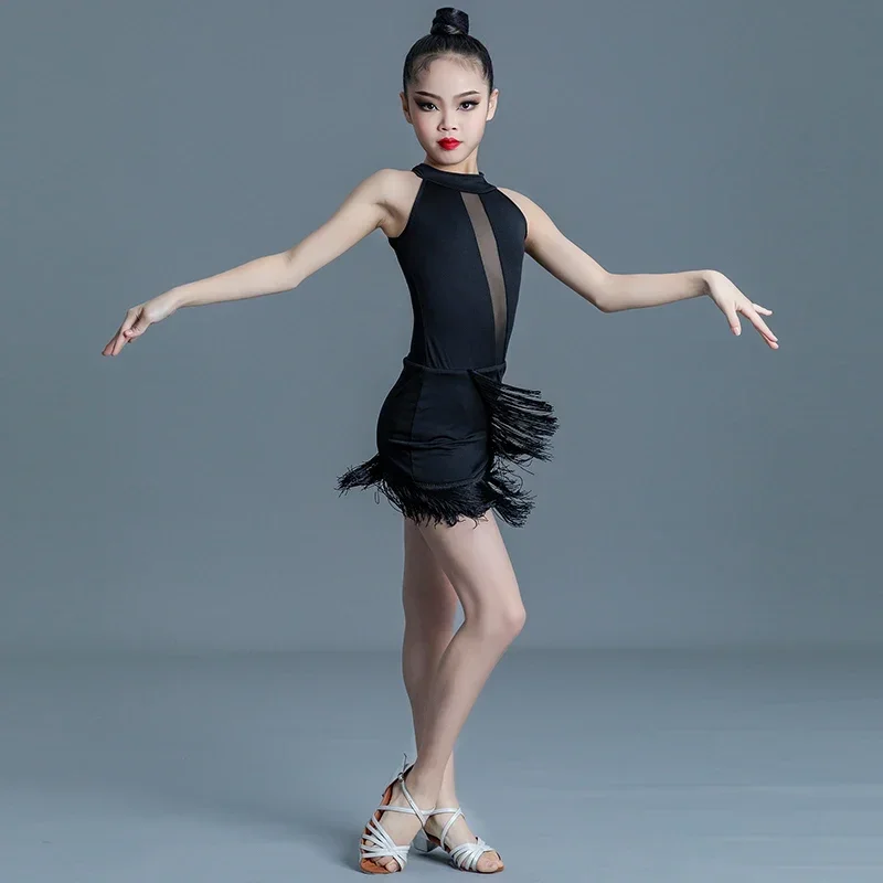 Latin Dance Clothes for Girls Summer Black 2023 New Style Children\'s Dance Training Competition Clothing