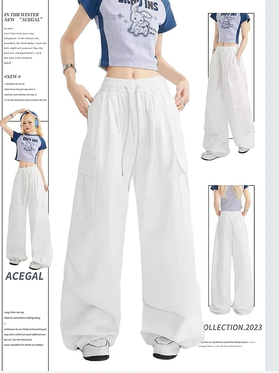 Retro American White Work Pants Straight Leg Casual Jazz Dance Hiphop Wide Leg Trousers Women's Style Loose Fit Soldier Pants