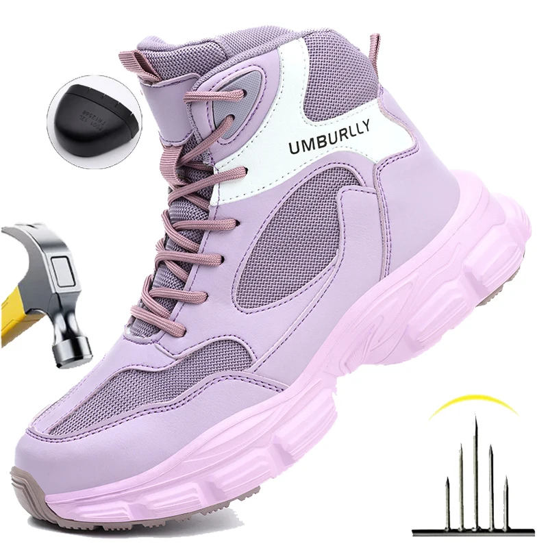 Women Work Boots Steel Toe Indestructible Safety Shoes Anti-Puncture Non Slip Trail Running Shoes Outdoor Lightweight Work Shoes